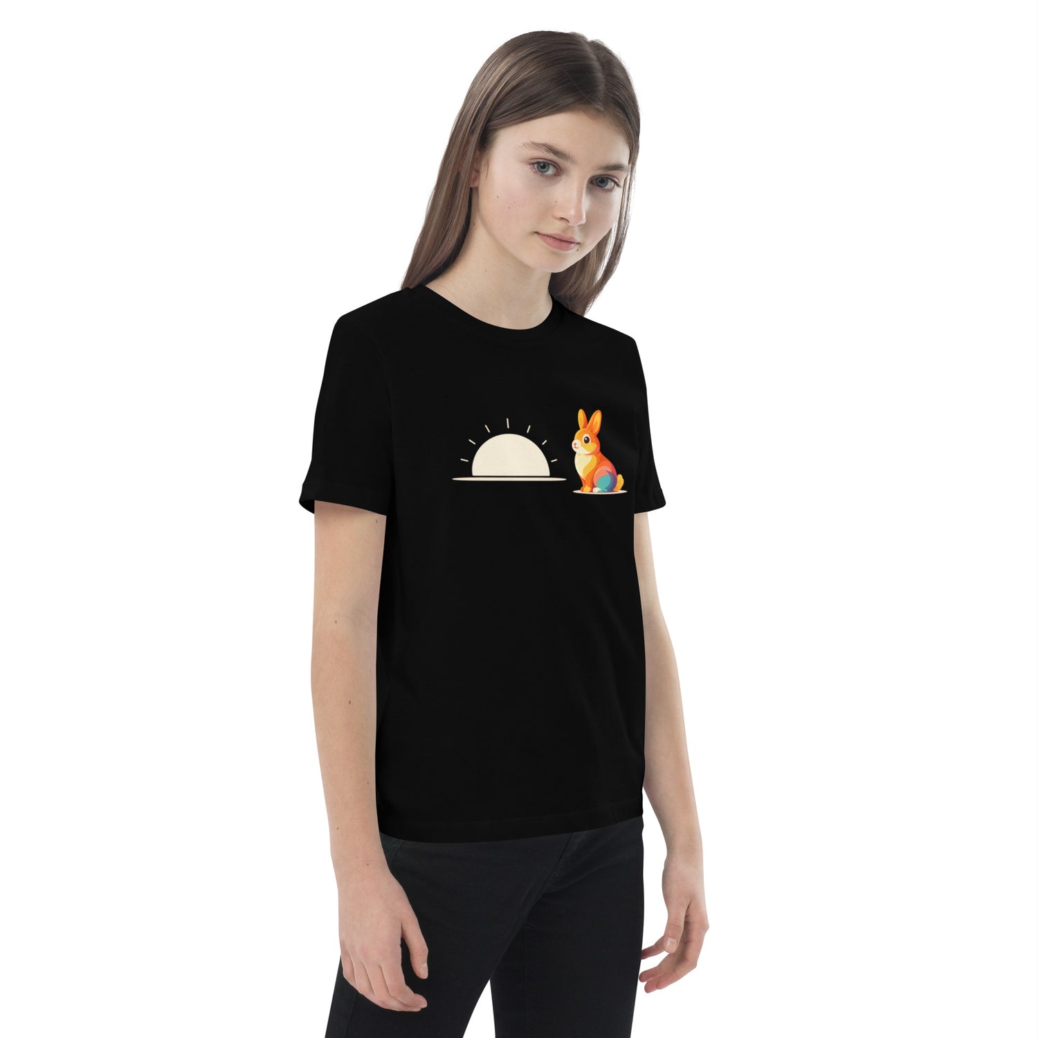 Girl in black organic cotton kids t-shirt