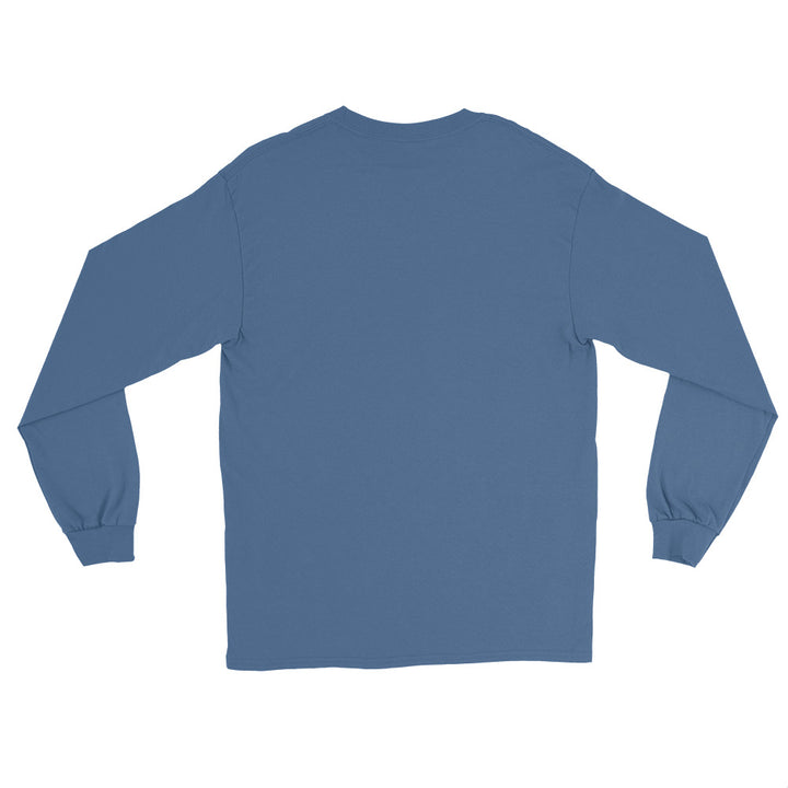 Back view of a blue long sleeve shirt for men