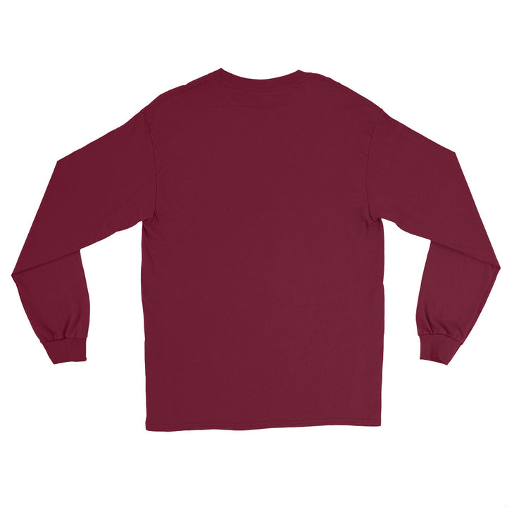 Back view of maroon men’s long sleeve shirt