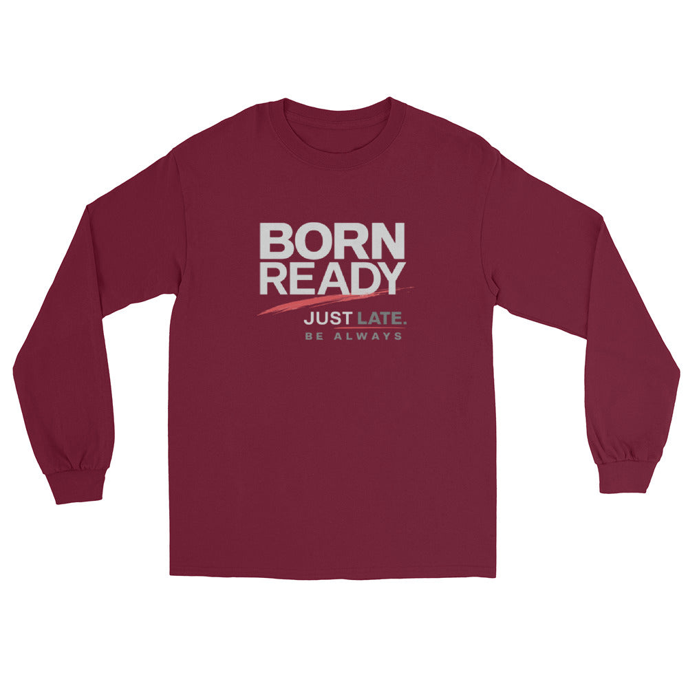 Maroon long sleeve shirt with Born Real graphic