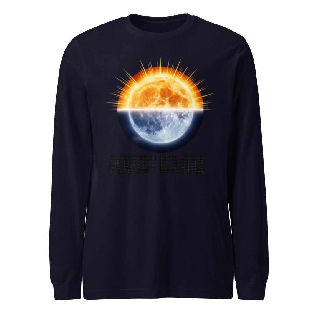 Unisex long sleeve tee in navy with sun graphic design