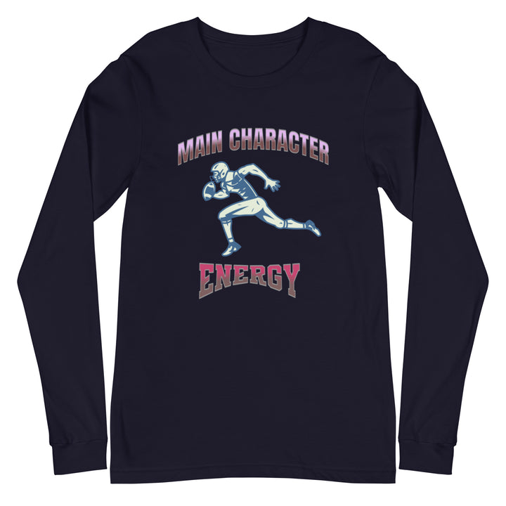 Navy long sleeve shirt with colorful chest graphic