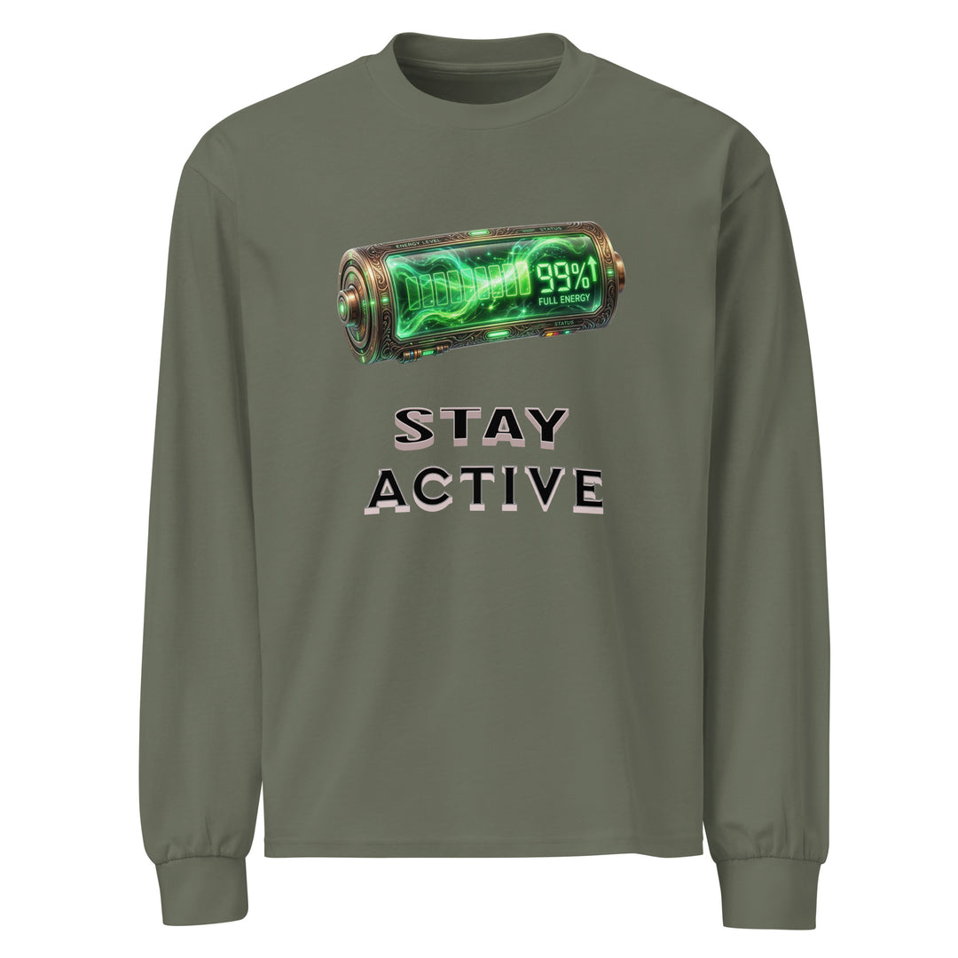 Olive green long sleeve shirt with stay active graphic