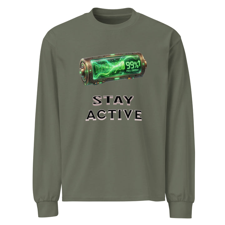 Olive green long sleeve shirt with stay active graphic