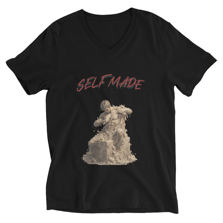 Black V-neck t-shirt with a graphic of a statue