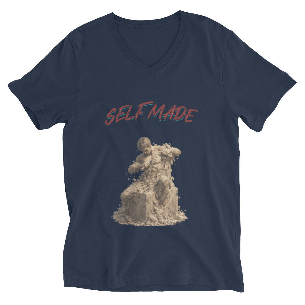 Navy blue t-shirt with a graphic of a person sitting on a pile of sand
