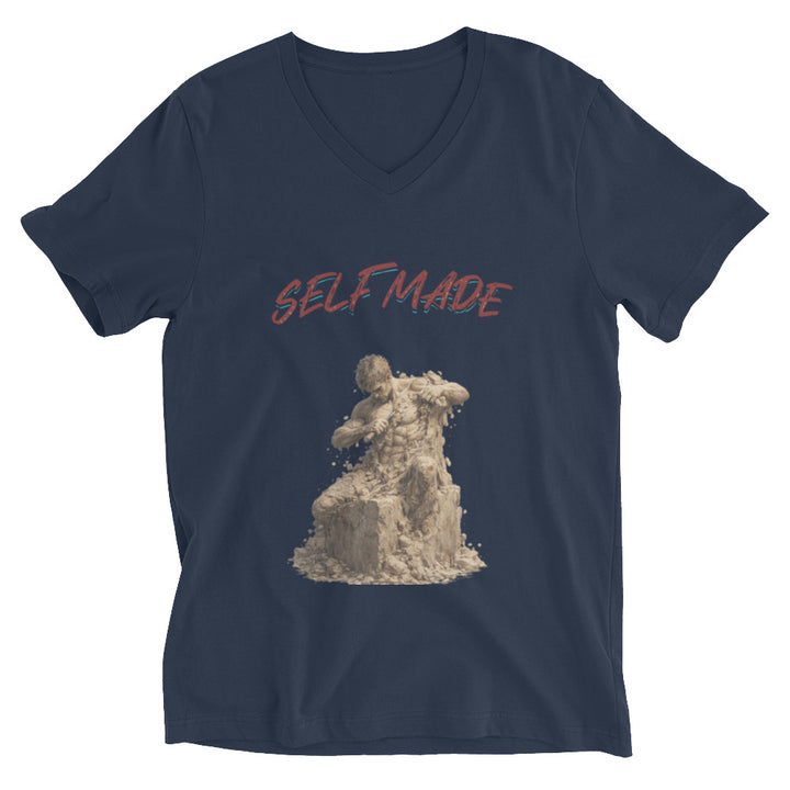 Navy blue t-shirt with a graphic of a person sitting on a pile of sand