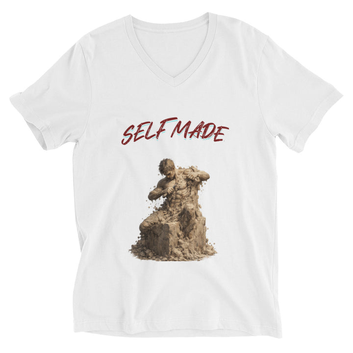 White t-shirt with a graphic of a person and the text SELF MADE
